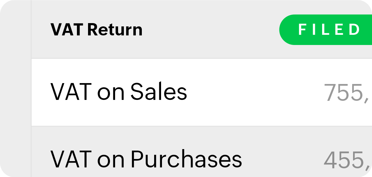 VAT return report, marked as filed, with VAT on sales and purchases listed
